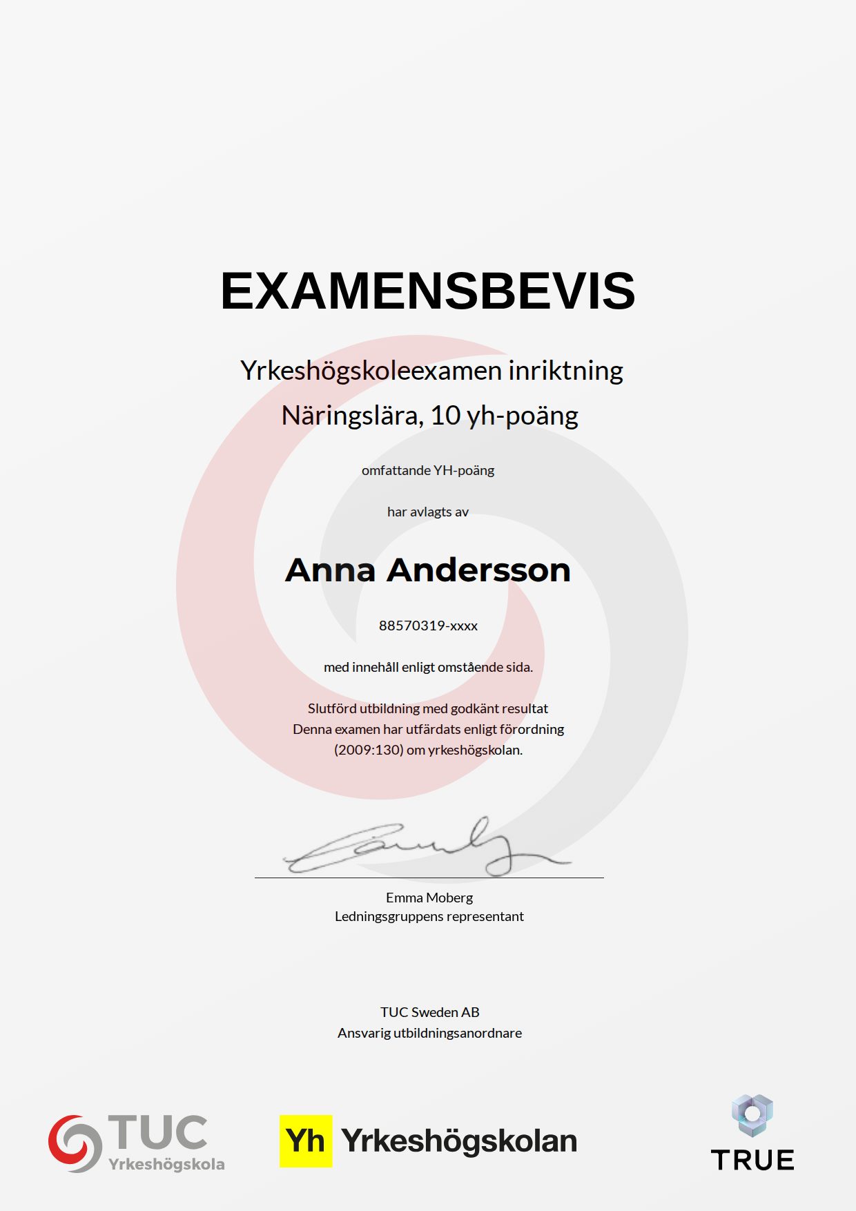 Example certificate for Näringslära, 10 yh-poäng from TUC Yrkeshögskola